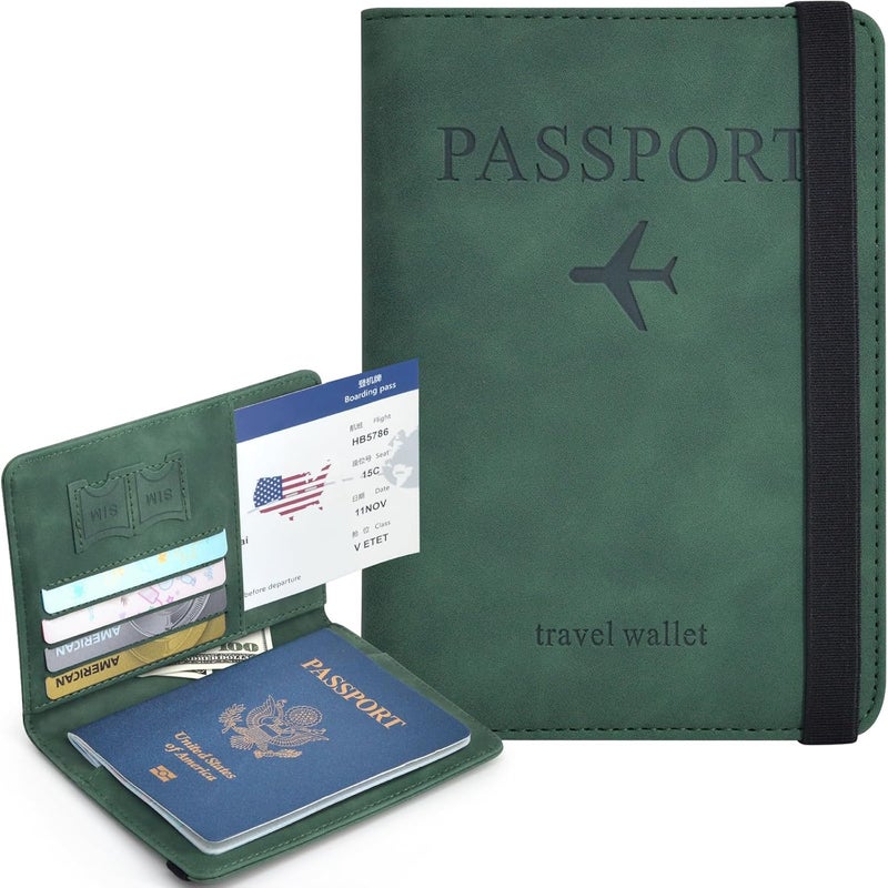 KAOBAN Passport Holder, Passport Cover with Credit Card Slot and Boarding Pass Slot Combo, Passport Wallet Case Book Travel Must Have, RFID Blocking Leather Travel Accessories, Atrovirens - Image 2